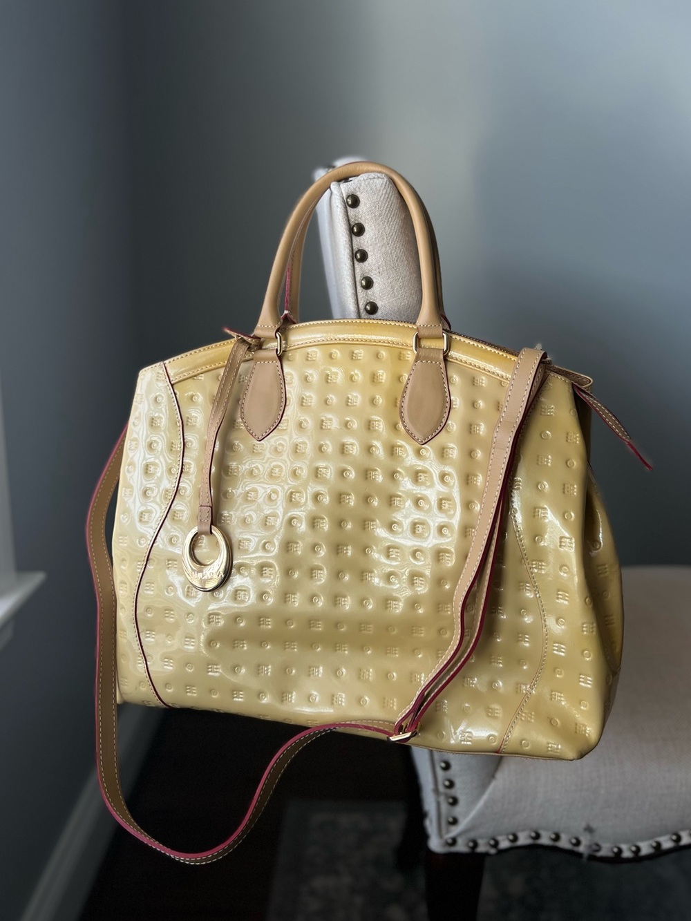 Arcadia Yellow Patent Leather Tote Bag with Top Handles